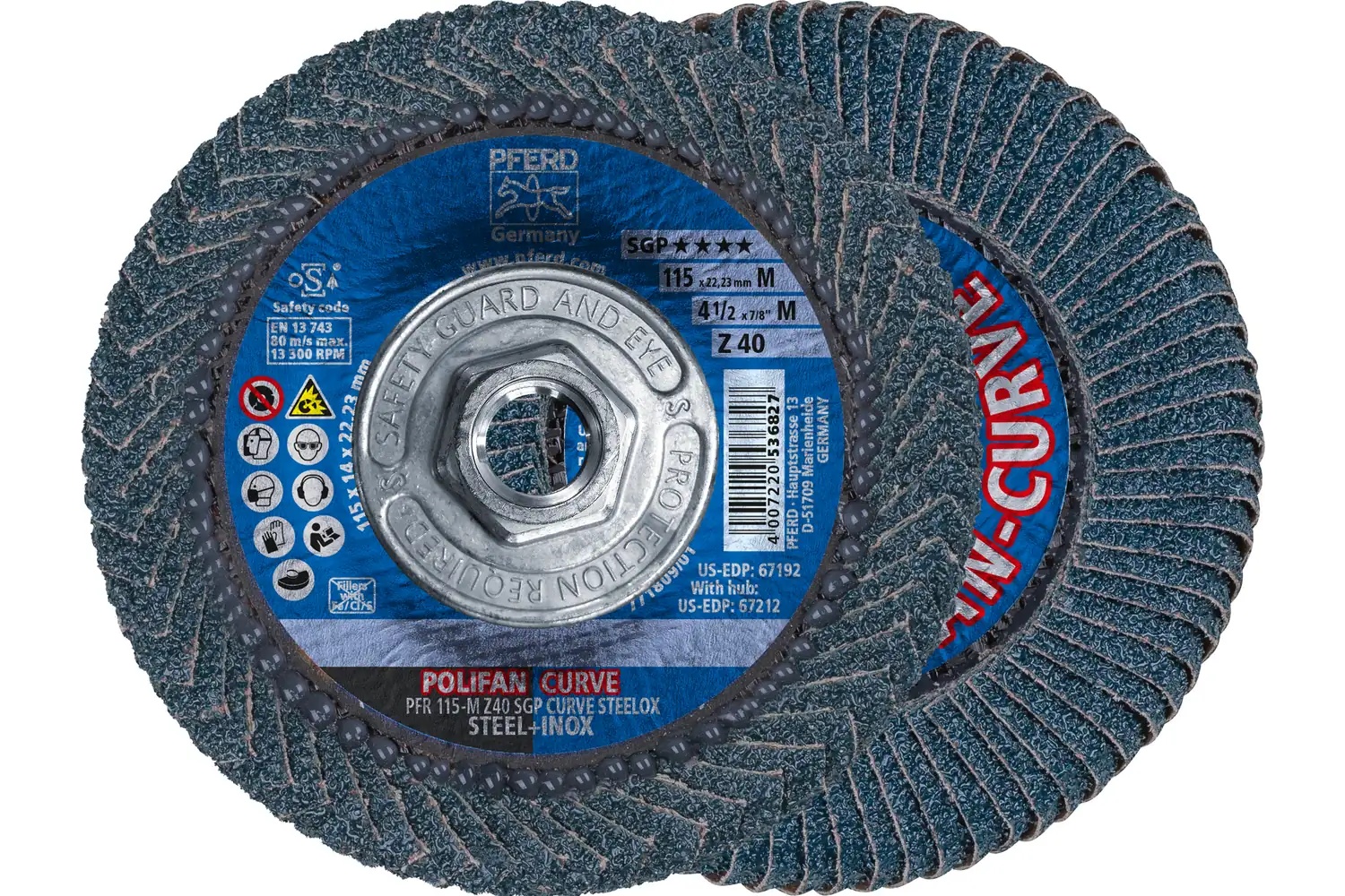 Picture of Pferd Flap Disc, 4-1/2" x 5/8-11, Z SGP Curve Steelox, 40 Grit, Medium Radius, Zirconia